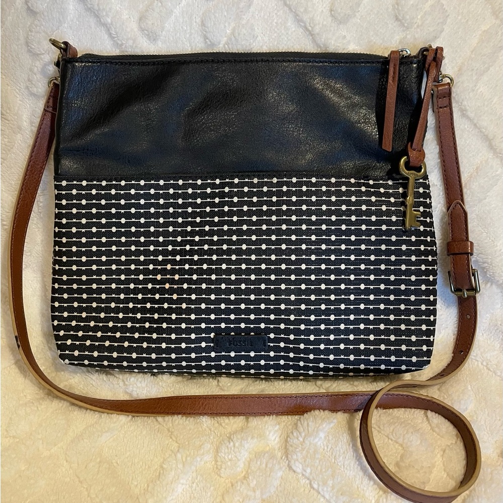 Fossil Fiona Black and Brown Leather with Coated Canvas Crossbody Bag